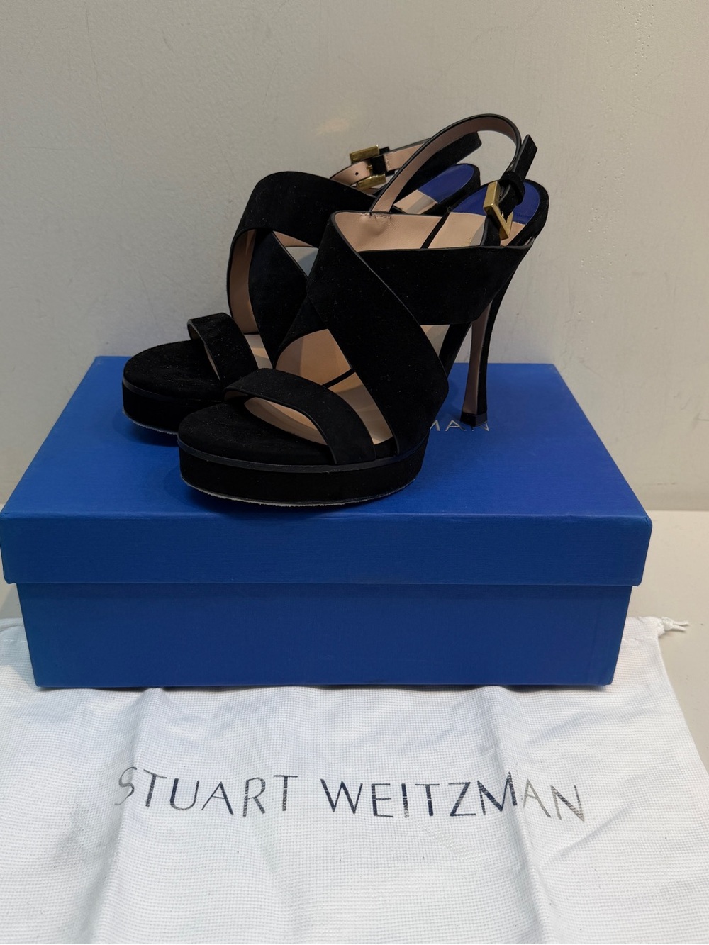 Stuart Weitzman Black Suede Crisscross Platform Sandals size 6